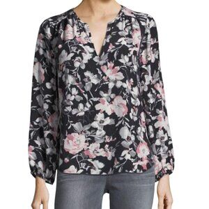 Joie Caviar Odette Silk Floral Print V-Neck Long Sleeve Blouse Black XS